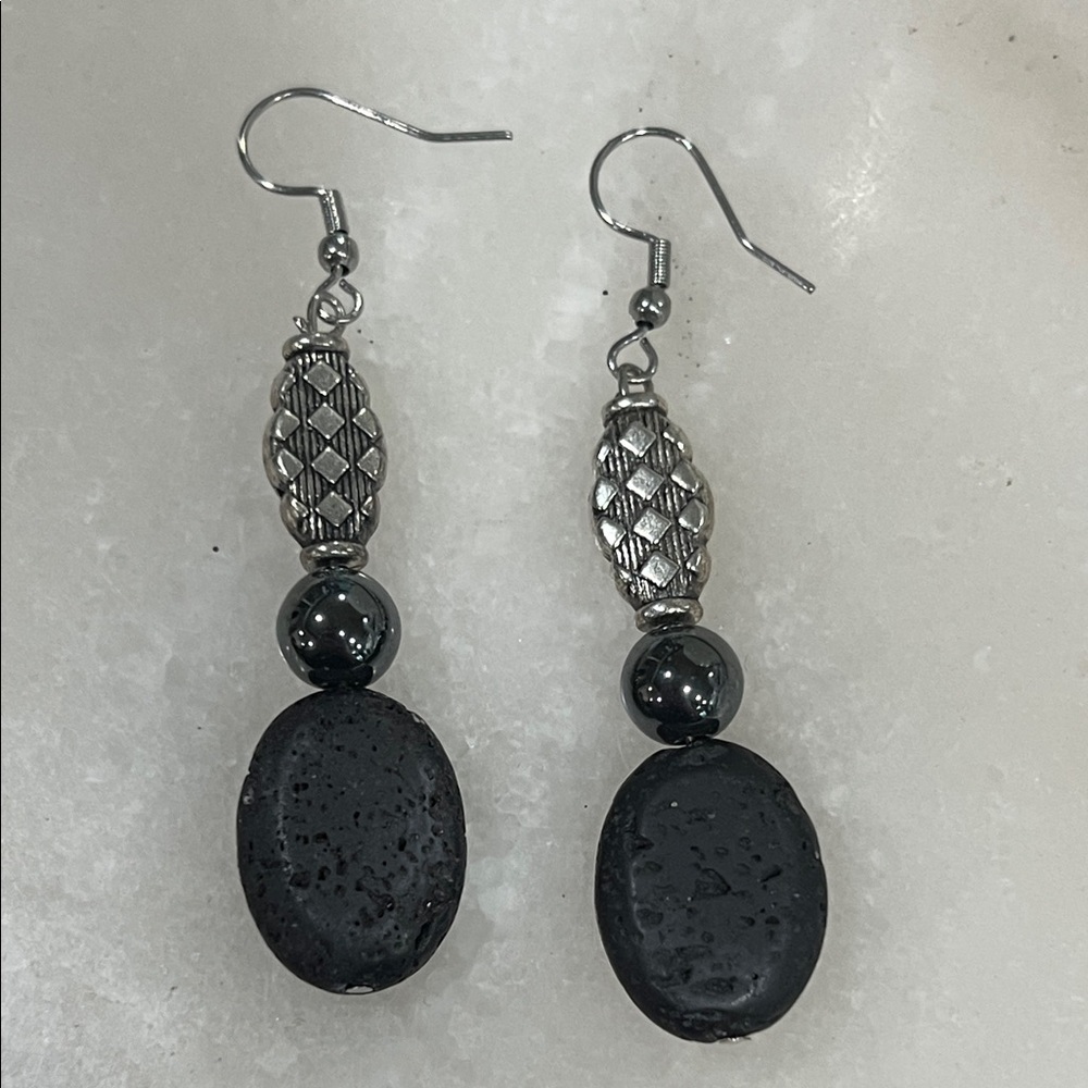 Onyx and Silver Essential Oil Diffuser Lava Stone Dangle Earrings